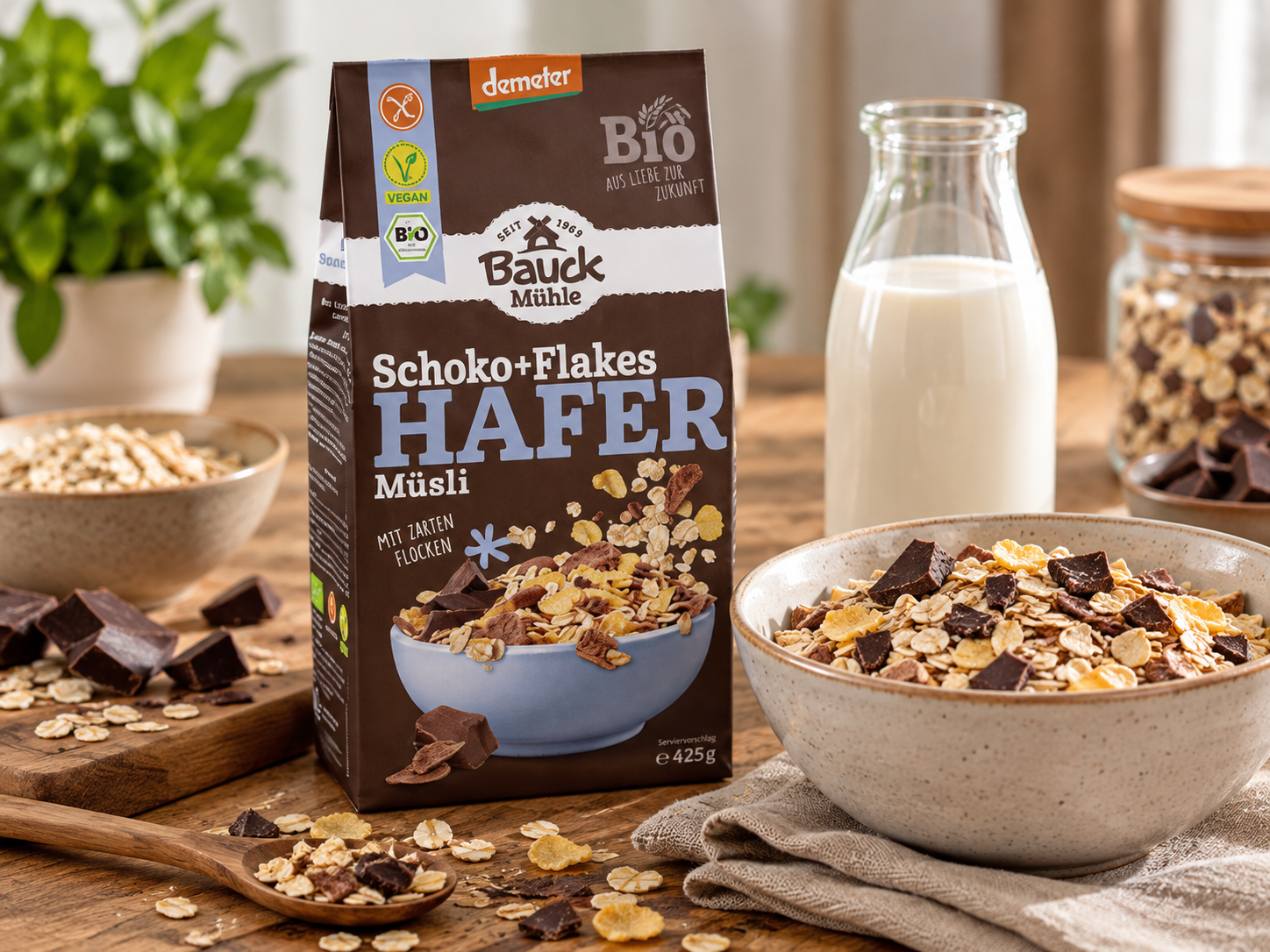 Bezlepkové OVESNÉ MÜSLI čokoláda + cornflakes BIO Demeter 425 g - Bauck